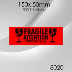 1x 500 Stk. Warnetiketten Vorsicht Glas 150x 50mm 
