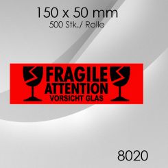 1x 500 Stk. Warnetiketten Vorsicht Glas 150x 50mm 