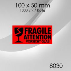 1x 1.000 Stk. Warnetiketten Vorsicht Glas 100x 50mm 