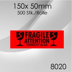 1x 500 Stk. Warnetiketten Vorsicht Glas 150x 50mm 