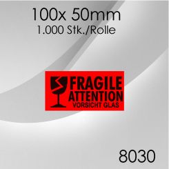 1x 1.000 Stk. Warnetiketten Vorsicht Glas 100x 50mm 